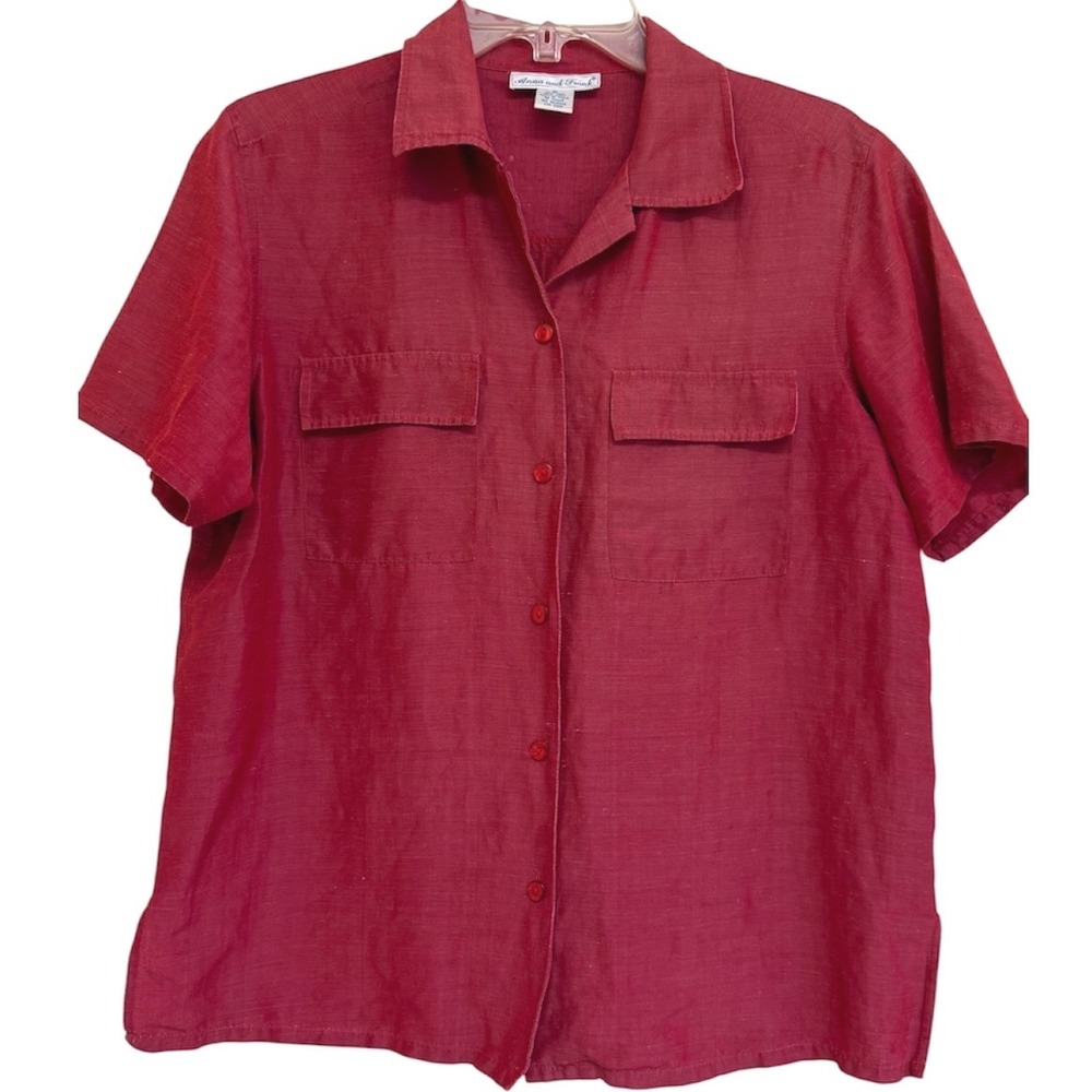Anna and Frank Silk Linen Red Button Down Shirt Short Sleeve Pocket Top Size M